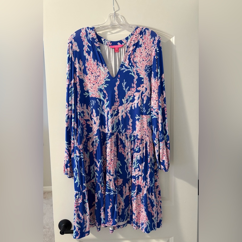 Lilly Pulitzer Blue Long Sleeve V-Neck Floral Shift Dress - Picture 2 of 5